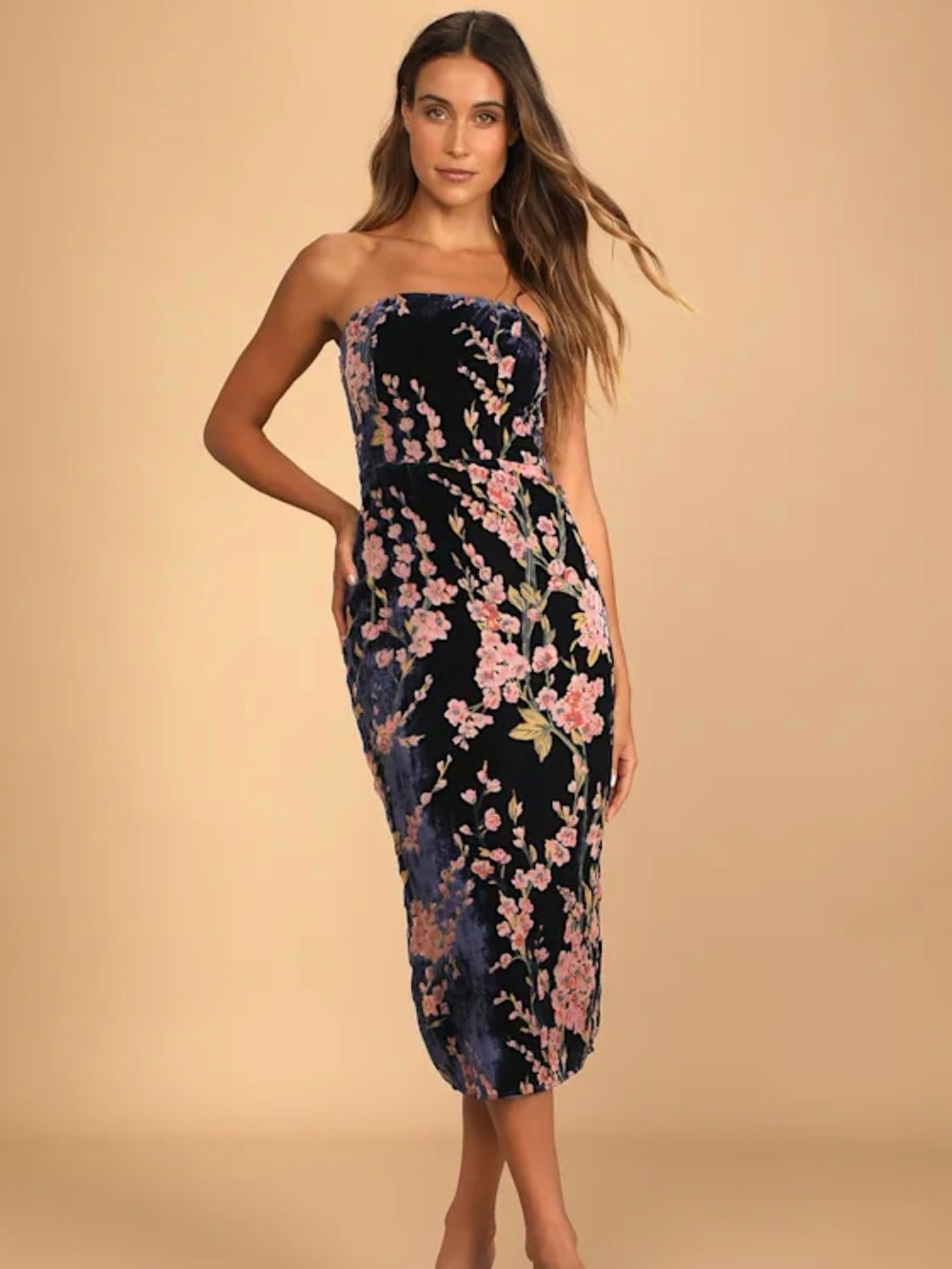 Lulus Buy You Flowers Navy Floral Velvet Strapless Midi Dress L